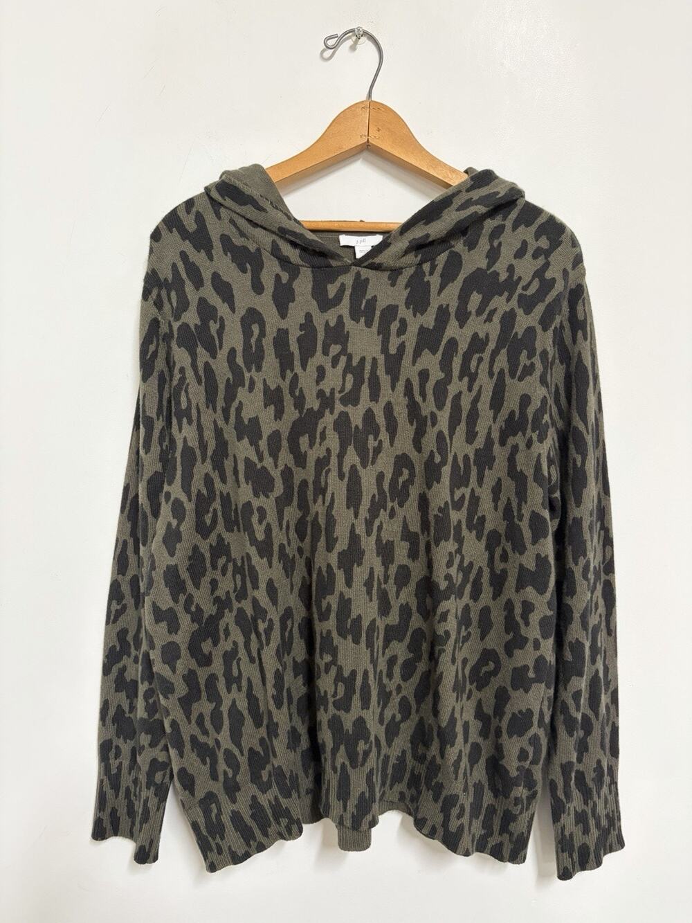 NWT J. Jill Size Large Leopard Print Hooded Sweater Olive Green Lounge Wear Knit